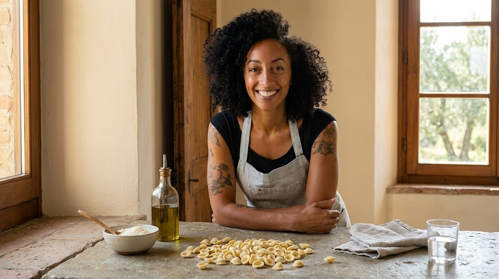 A smiling woman in a black top and linen apron leans on a stone kitchen table with fresh orecchiette, a bottle of olive oil, and a bowl of semolina in front of her, framed by windows onto olive trees.