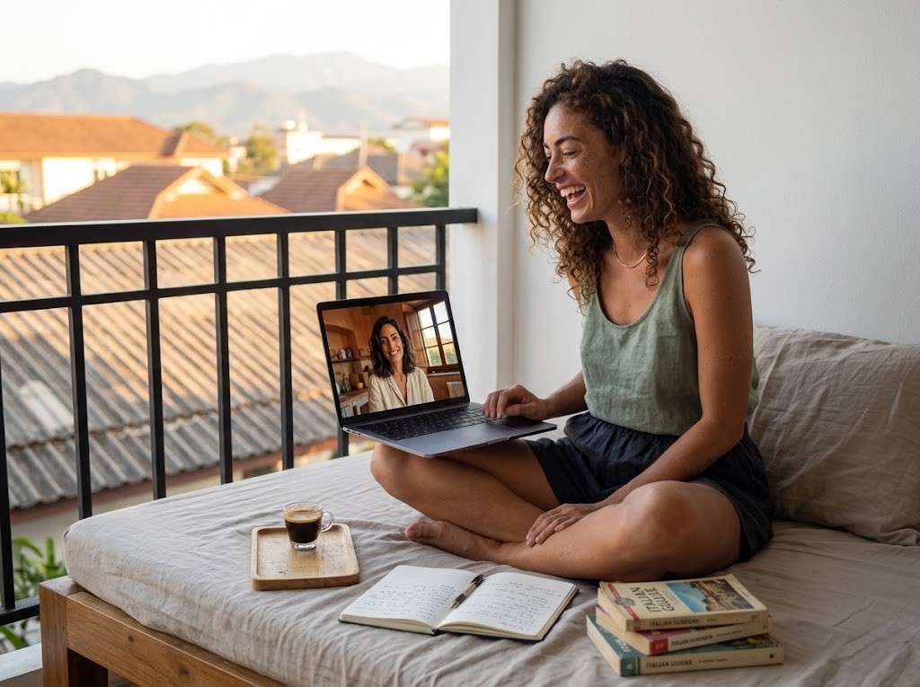 Sienna Vale laughing on a video call with Elara from her Chiang Mai balcony, Italian guidebooks beside her, planning slow travel together.