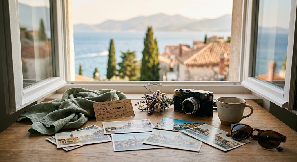 A sunlit windowsill open to a Mediterranean coastal view. On the wooden table beneath, a film camera, a vintage Paris to Rome train ticket, a spread of postcards from European cities, a small bouquet of dried wildflowers, a sage green linen scarf, a ceramic cup of coffee, and a pair of tortoiseshell sunglasses.