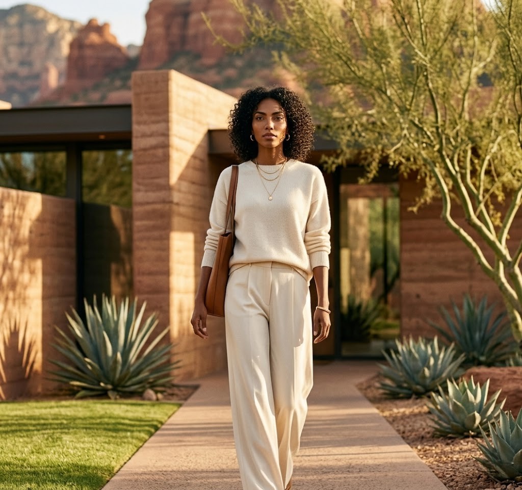 A woman in a cream knit sweater and matching wide-leg trousers with a tan leather tote and layered gold necklaces walks along a path outside a modern desert home, red rocks in the distance.