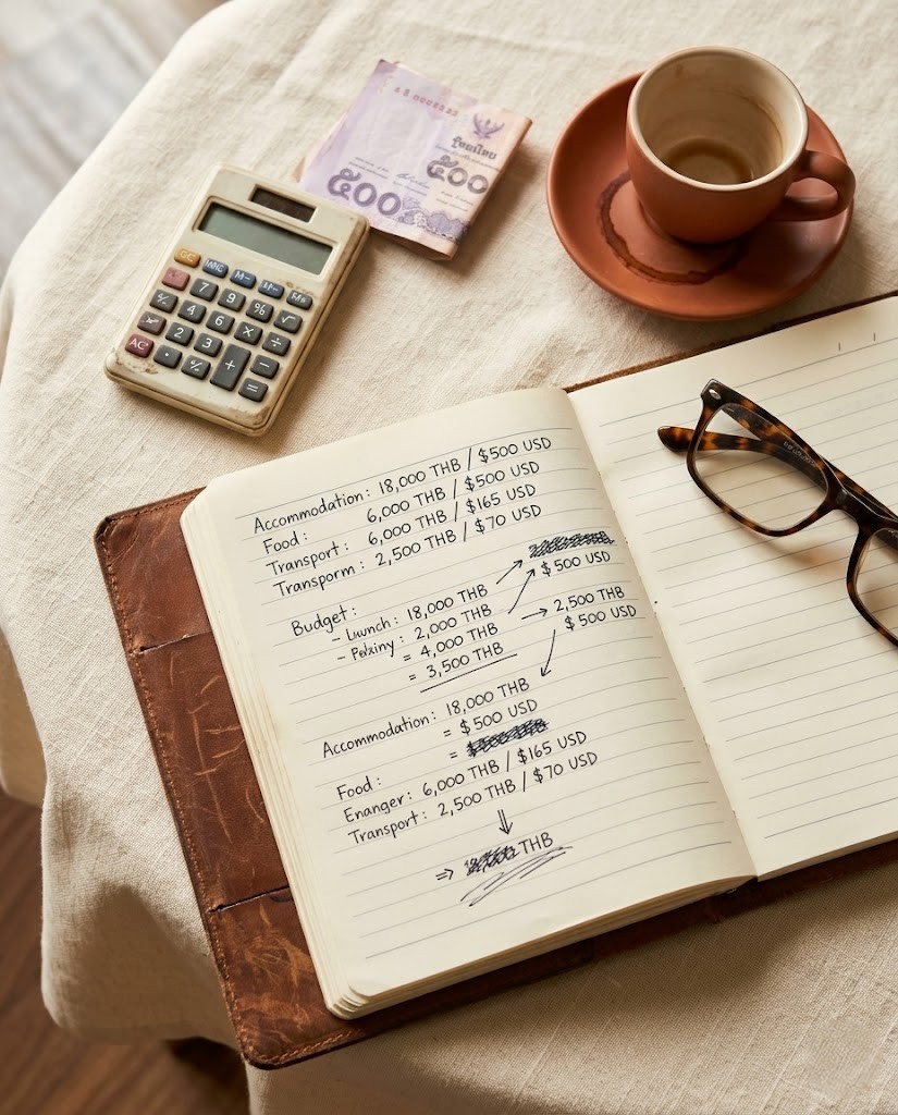 Open leather notebook with handwritten monthly budget calculations in Thai baht and USD, beside a calculator, espresso cup, and Thai 500-baht note.