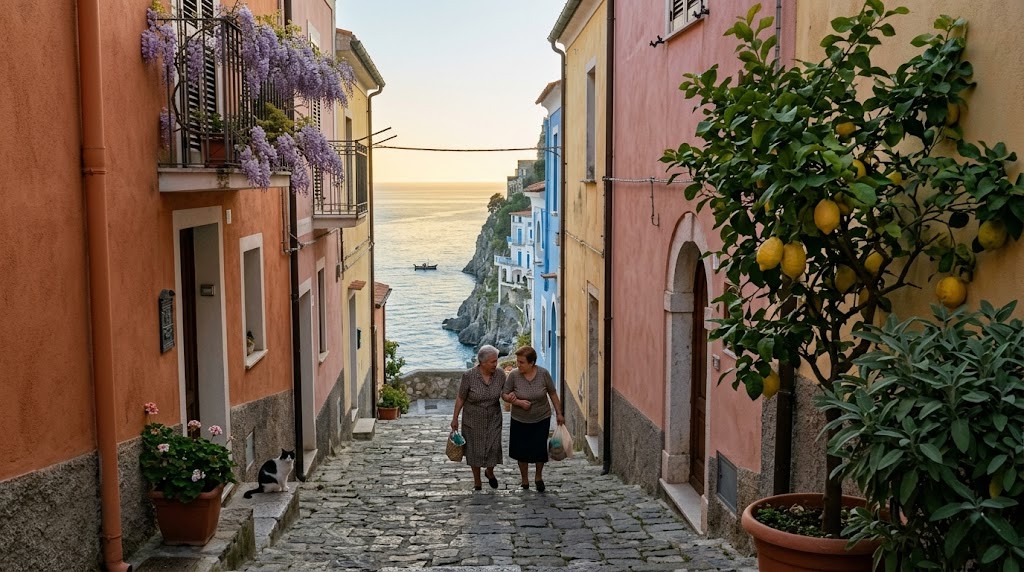 An Amalfi coast alley at golden hour with two older women walking arm-in-arm, the slow travel destination ahead.