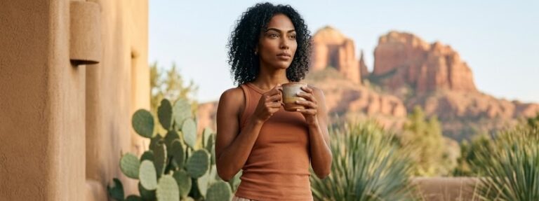 A woman in a terracotta tank top and linen trousers stands on a desert terrace holding a ceramic coffee mug, red rock formations and cacti behind her in soft Sedona morning light.