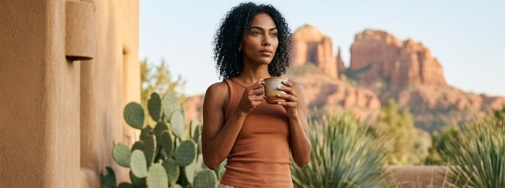 A woman in a terracotta tank top and linen trousers stands on a desert terrace holding a ceramic coffee mug, red rock formations and cacti behind her in soft Sedona morning light.