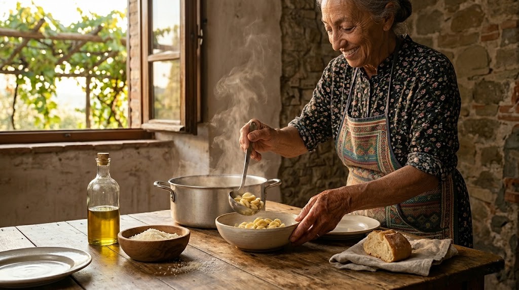 An older woman in a floral apron spoons fresh pasta from a pot into a ceramic bowl at a rustic wooden table, with a bottle of olive oil, grated cheese, and bread nearby, steam rising in warm window light.