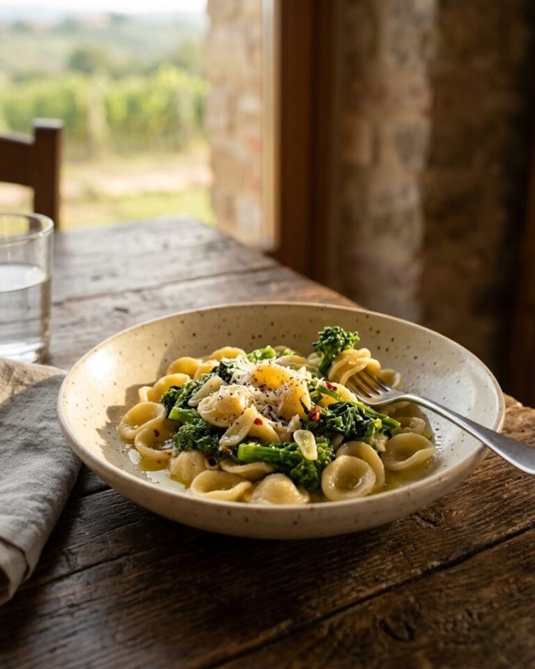 A bowl of orecchiette pasta with greens, grated cheese, and chili in olive oil on a rustic wooden table beside a window overlooking a vineyard.