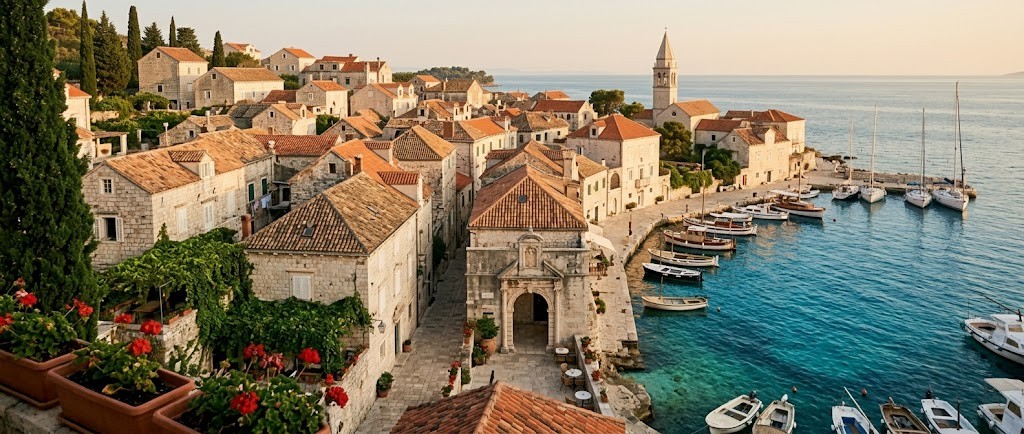 A Croatian coastal village in golden hour light, terracotta-roofed stone buildings cascading toward a small harbor with wooden boats and sailboats moored in vivid turquoise Adriatic water, a church bell tower rising above and red geraniums in the foreground.