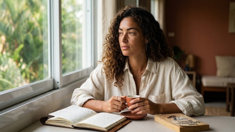 Sienna Vale, founding editor of Wondrwell, sits with a journal and espresso at her sunlit writing table in Chiang Mai.