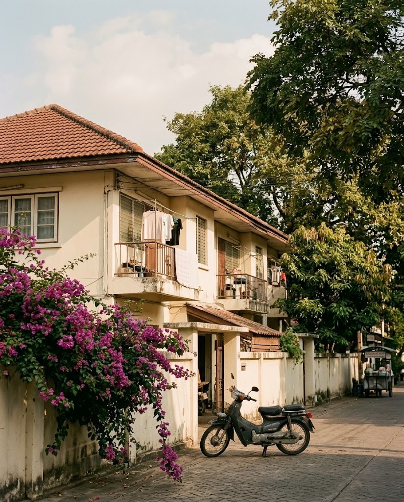 A residential street in Chiang Mai's Nimman neighborhood, bougainvillea spilling over a low wall and a single scooter parked outside a cream apartment building.