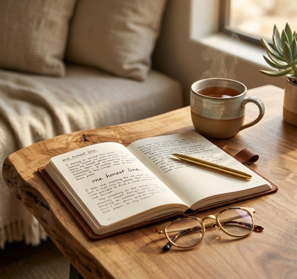 An open journal with a gold pen rests on a wooden table beside a steaming mug of tea, a pair of glasses, and a small succulent in soft window light.