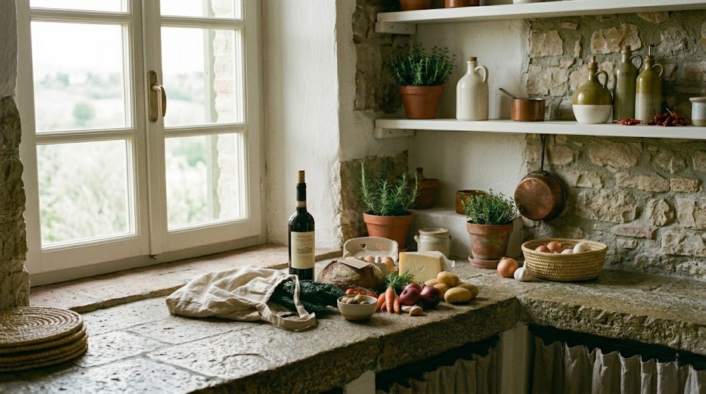 A week of seasonal Tuscan groceries on a stone counter, eating well on a budget