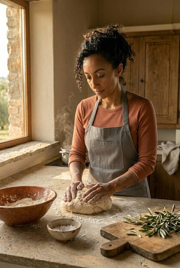 Elara Solari working at a stone kitchen counter in her Tuscan farmhouse, afternoon light