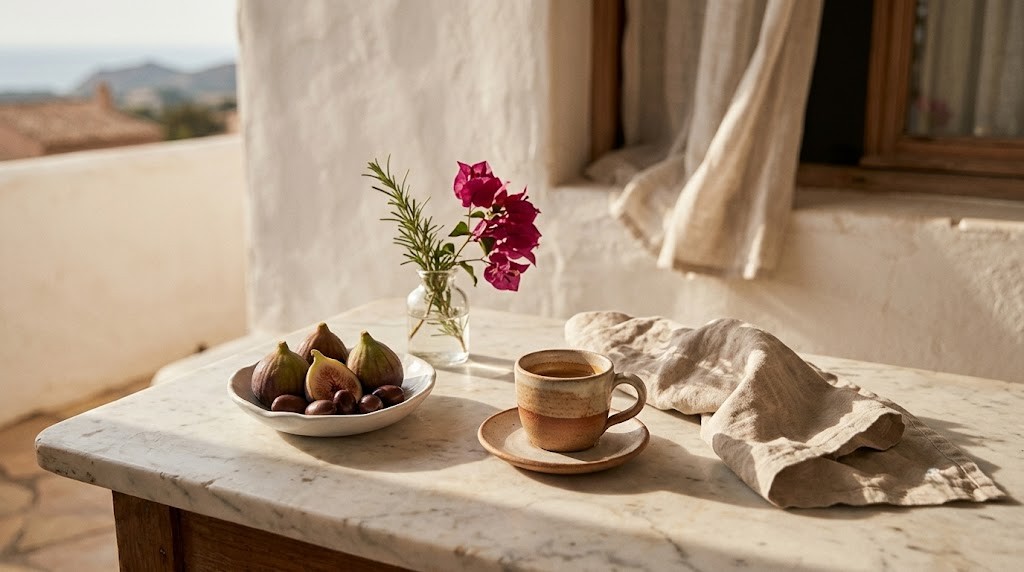 A marble table on a sunlit Mediterranean terrace holds a ceramic cup of espresso, a small bowl of figs and olives, a linen napkin, and a glass with bougainvillea and rosemary. A coastal village and sea are visible in the soft morning light beyond.