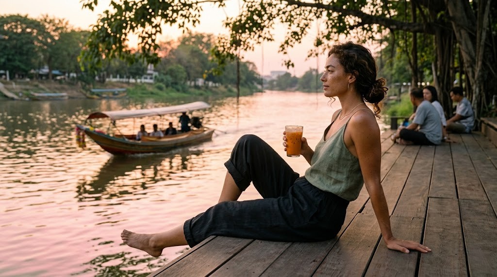 Sienna Vale watching the Mae Ping river at golden hour in Chiang Mai, the daily ritual of slow travel.