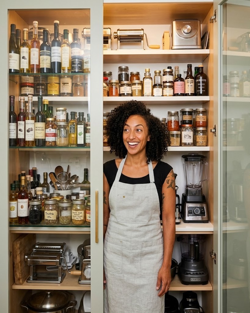A woman in a linen apron smiles while standing in front of a tall glass cabinet packed with oils, vinegars, spice jars, pasta machines, and small appliances.