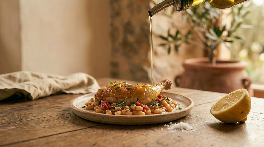 A thread of golden olive oil poured over a finished plate, one of five pantry habits