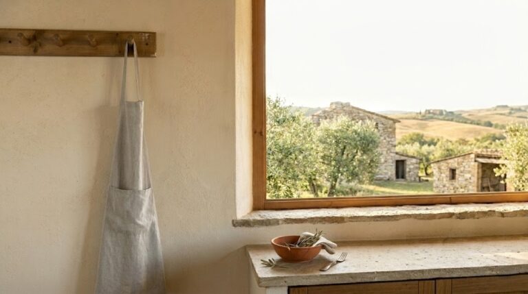 Linen apron on a wooden peg by a sunlit Tuscan farmhouse window, slow living in Tuscany