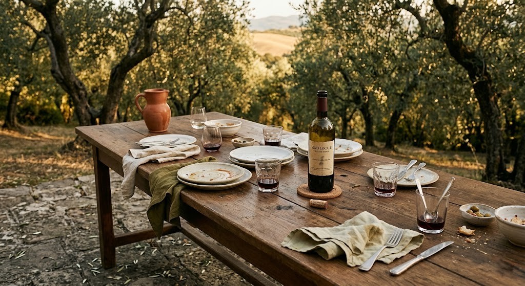 Long wooden outdoor table set with linen napkins under olive trees in evening light