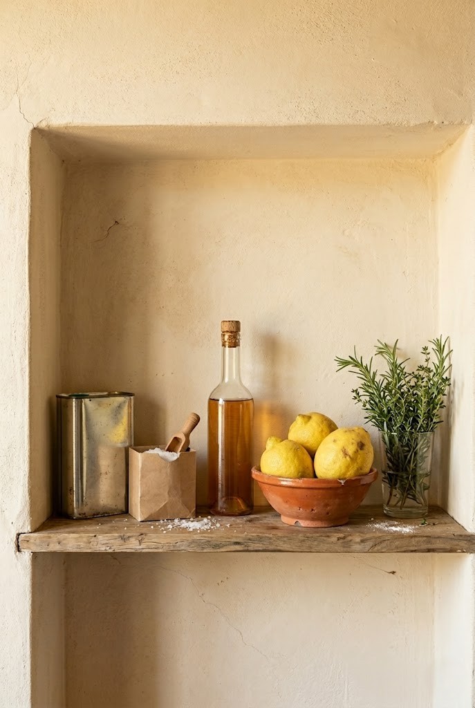 A simple Tuscan pantry shelf with olive oil, flaky salt, vinegar, lemons and fresh herbs