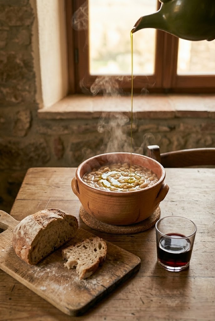 Earthenware pot of slow-cooked white beans with olive oil poured over, bread and wine beside it
