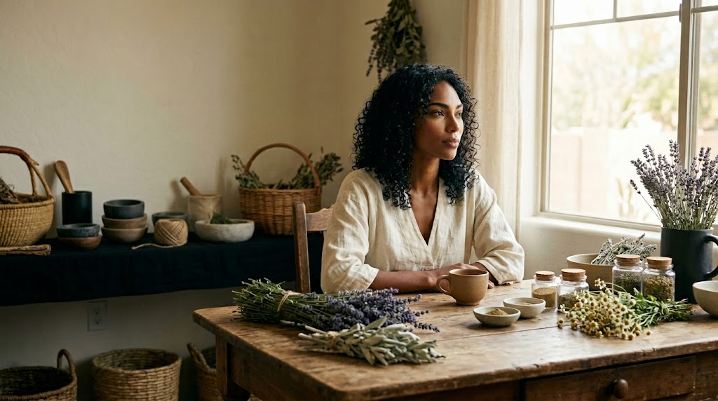 Liora, herbalist and host of Rooted in Story, seated at a sunlit wooden table with fresh lavender, dried herbs, and a ceramic cup.