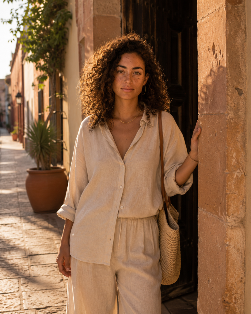 Woman in cream linen standing in a sunlit Mexican doorway, resting one hand against a sandstone wall in warm golden morning light.