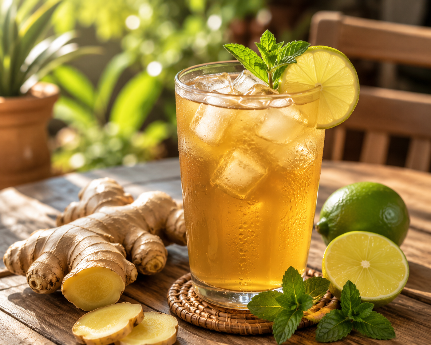 A glass of iced ginger lime tonic with lime and mint, fresh ginger root beside it, in warm summer light.
