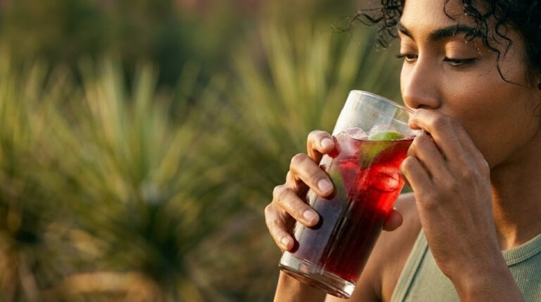 Close view of a woman sipping a red sorrel drink over ice with lime from a tall glass in golden light