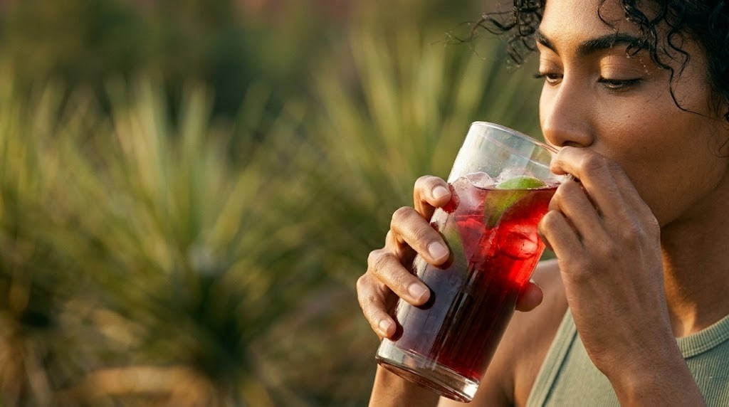 Close view of a woman sipping a red sorrel drink over ice with lime from a tall glass in golden light