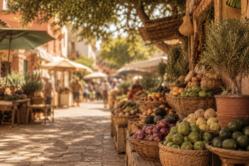 Soft-focus warm-toned street market in Mexico in morning light
