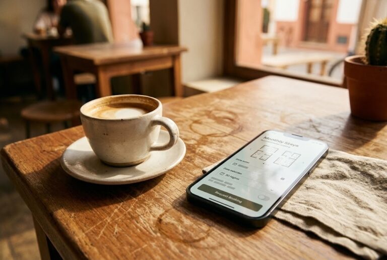 Smartphone displaying a long-stay rental booking beside a ceramic coffee cup on a rustic wooden café table in warm morning light.