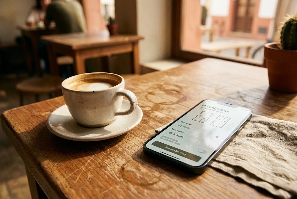 Smartphone displaying a long-stay rental booking beside a ceramic coffee cup on a rustic wooden café table in warm morning light.