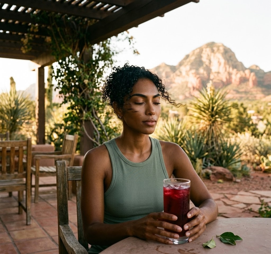 Woman resting with eyes closed at a patio table, a tall glass of red sorrel in front of her, Sedona red rock behind