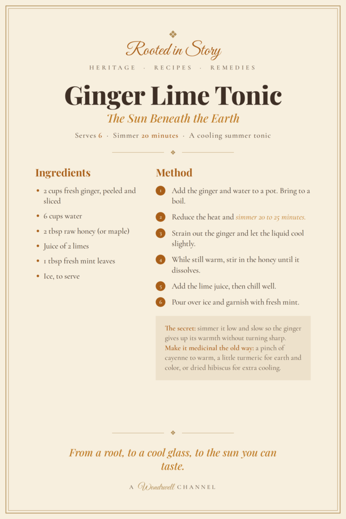 A vintage-inspired Rooted in Story recipe card for Ginger Lime Tonic, featuring ingredients and step-by-step instructions for a cooling herbal drink made with fresh ginger, lime, honey, mint, and ice, styled in warm earthy tones.