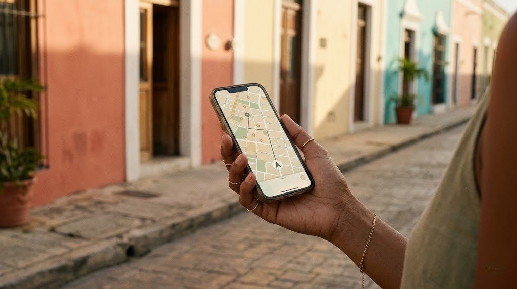 A hand holding a smartphone with a map open while walking down a quiet pastel-colored street in Mexico.