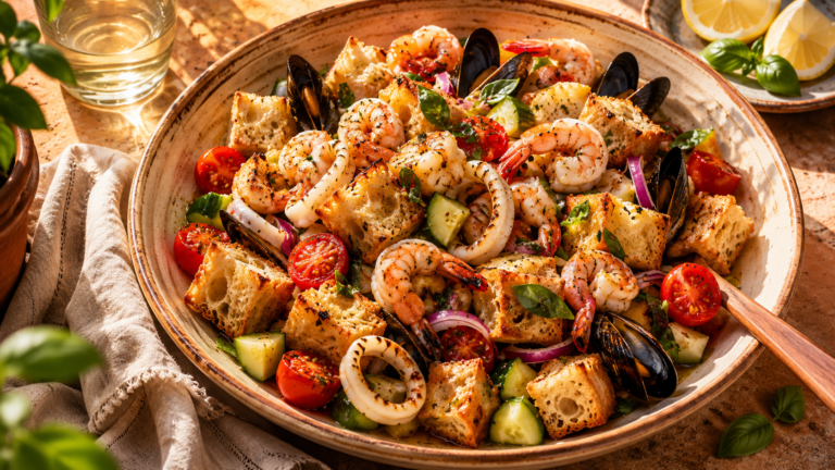 Panzanella di mare, a Tuscan seafood bread salad with squid, shrimp, mussels, and cherry tomatoes in a ceramic bowl