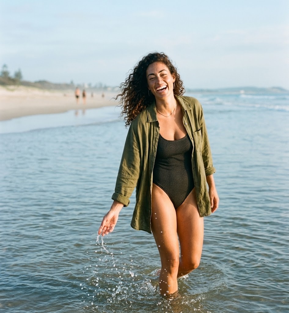 Sienna Vale laughs while wading knee-deep in the calm morning water at An Bang Beach, Hoi An, flicking water up into the light.