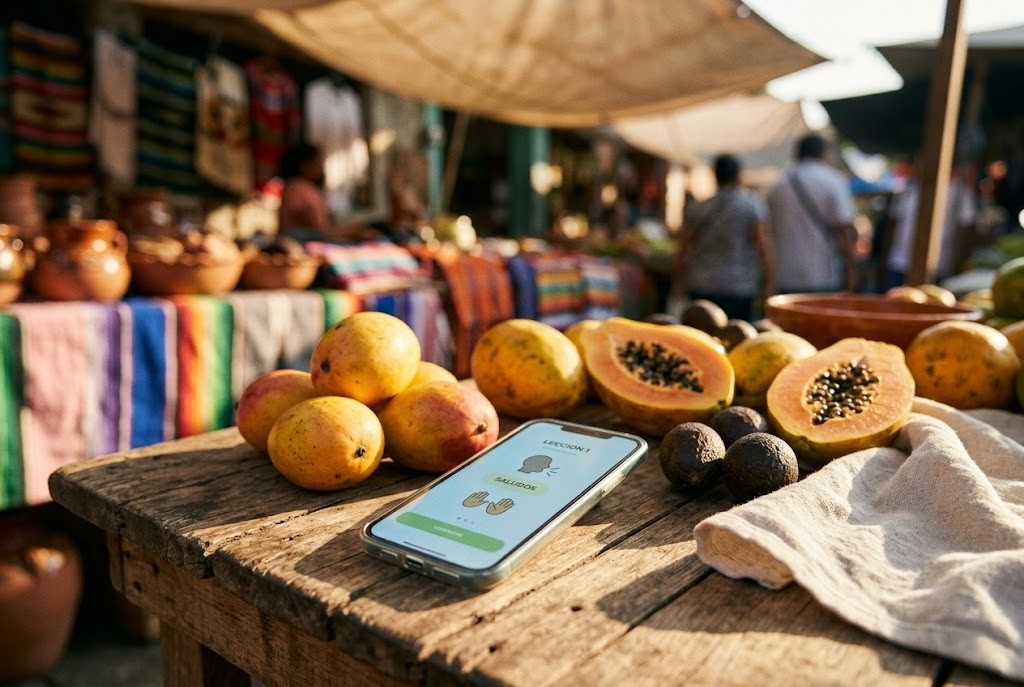 A smartphone displaying a language lesson beside fresh fruit at an outdoor market in Mexico.