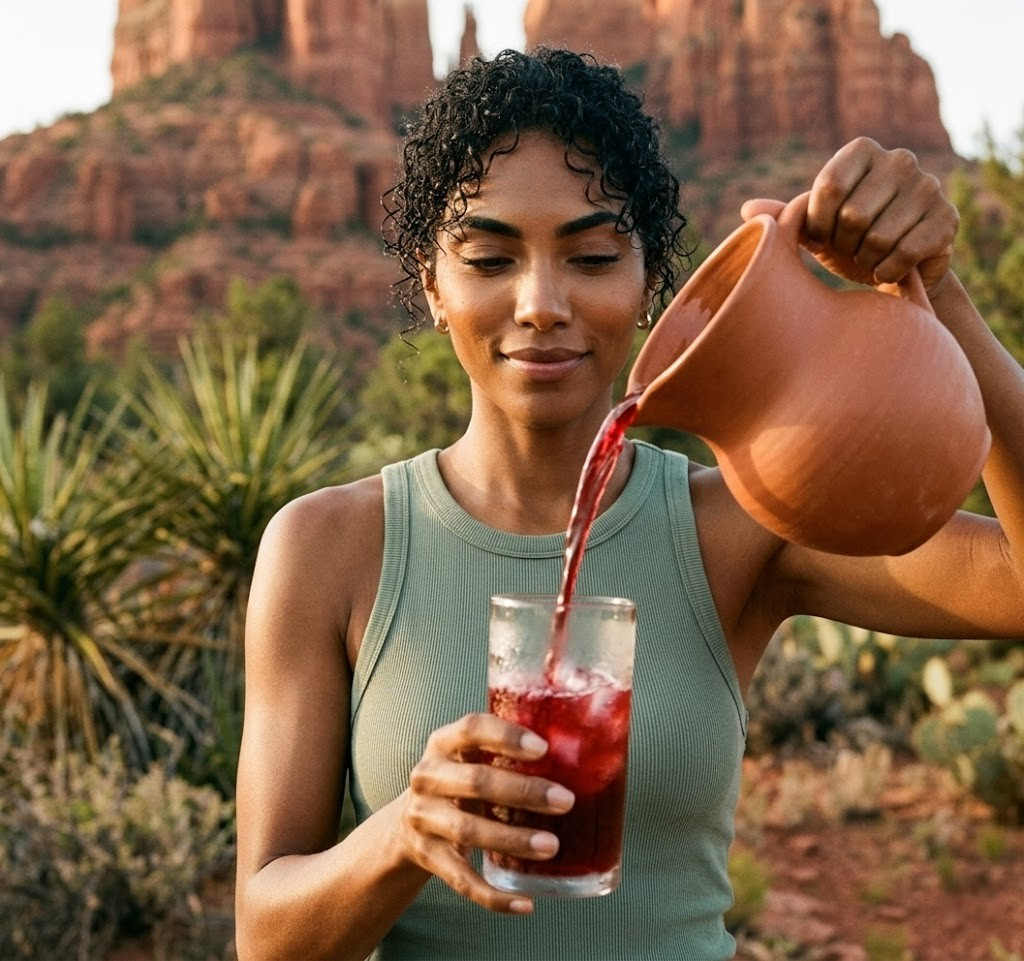 Woman pouring a deep red sorrel drink from a clay pitcher into a glass of ice, red rock cliffs behind her