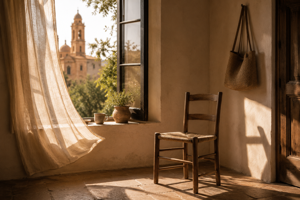Soft-focus warm-toned street market in Mexico in morning light