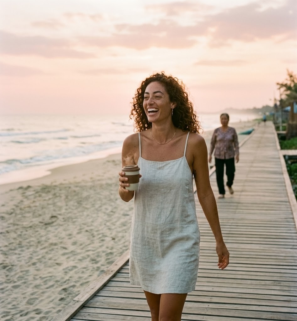 Sienna Vale walks the new coastal boardwalk at An Bang Beach, Hoi An, just after sunrise with a coffee, pink and gold sky overhead.