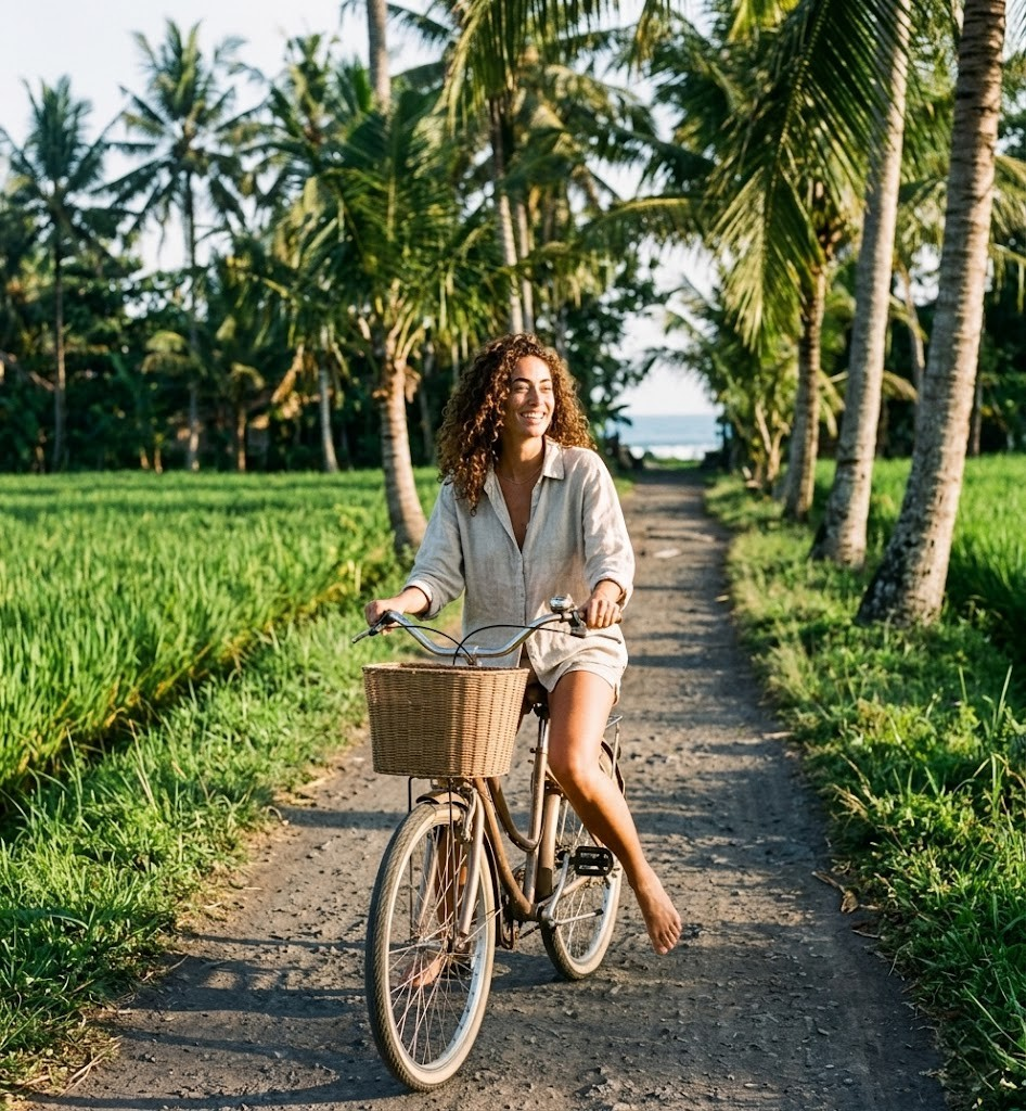 Sienna Vale rides a beach cruiser bicycle along a palm and rice-paddy lane between An Bang Beach and Hoi An Ancient Town in late afternoon light.