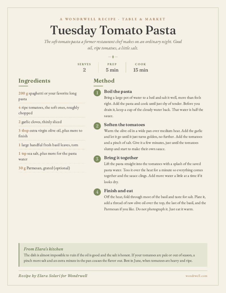 Wondrwell recipe card for Elara Solari's Tuscan tomato pasta, with ingredients and method