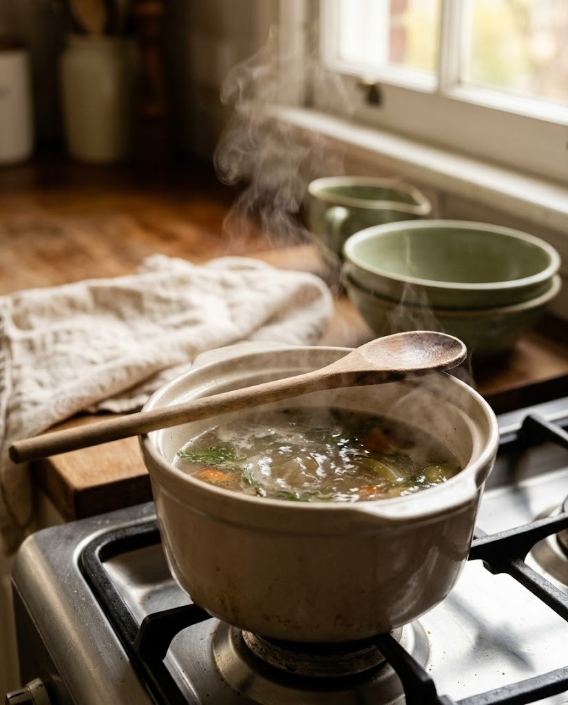A simple brothy pot simmering on a stove with steam rising