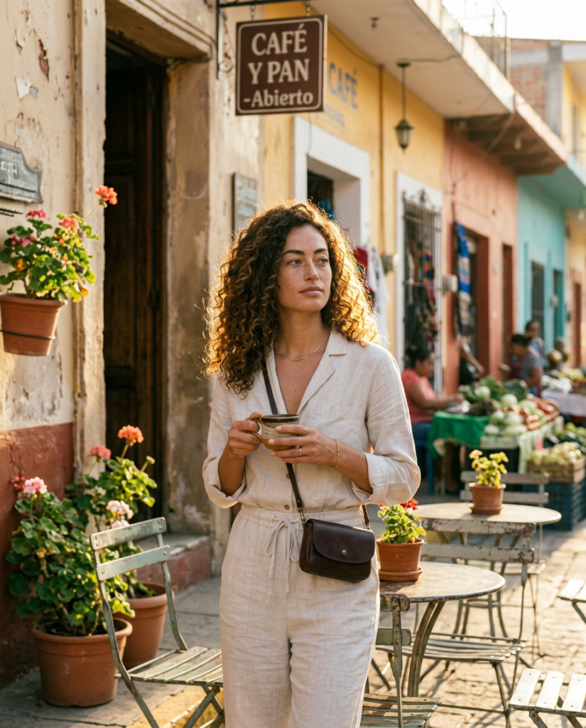 Woman calmly observing a street from a cafe corner with a coffee