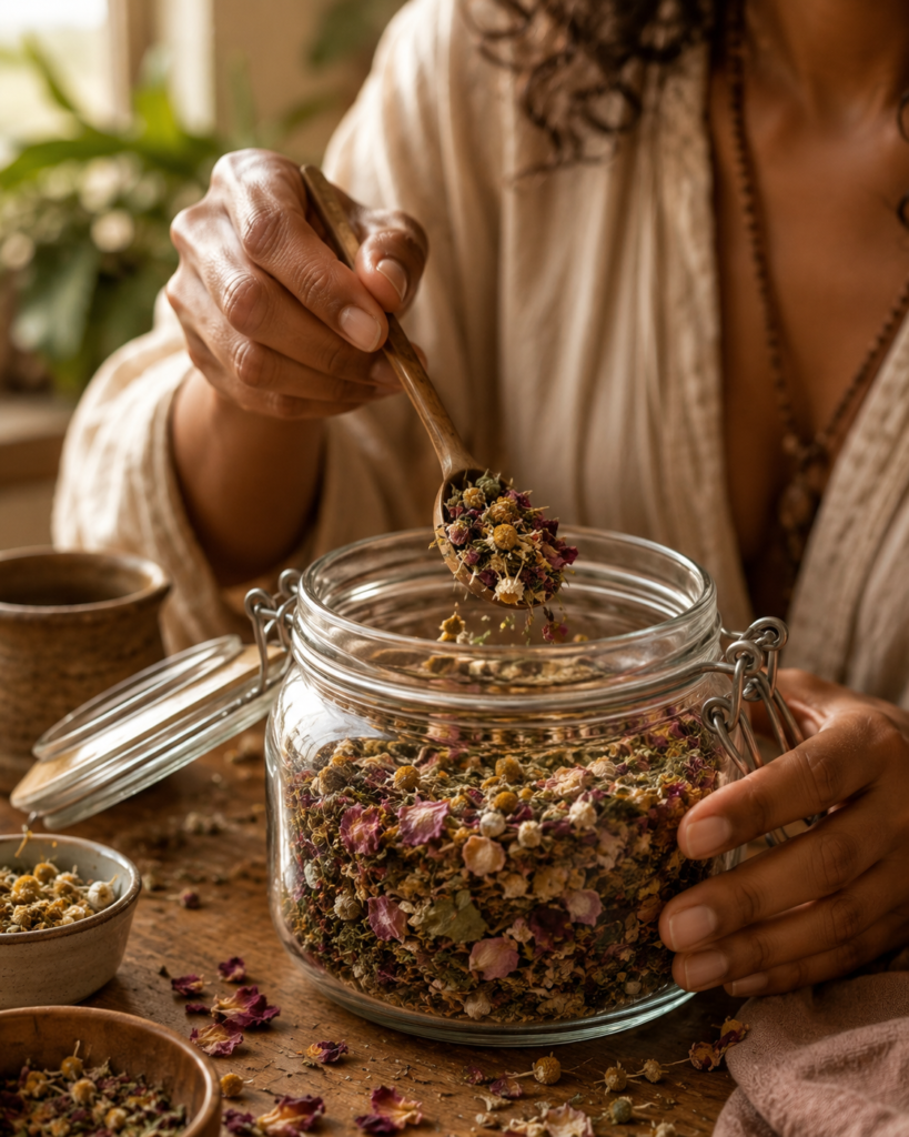 A cup of herbal tea covered with a saucer steeping on a windowsill in warm light.