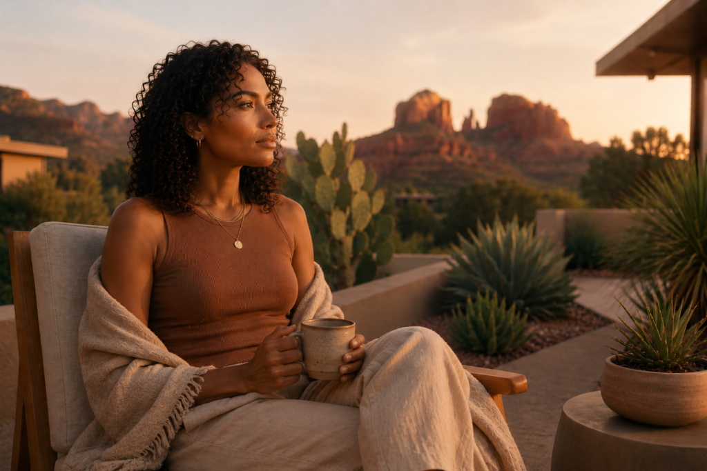 A woman wrapped in a soft blanket sits with a cup of tea, looking out at a desert garden.