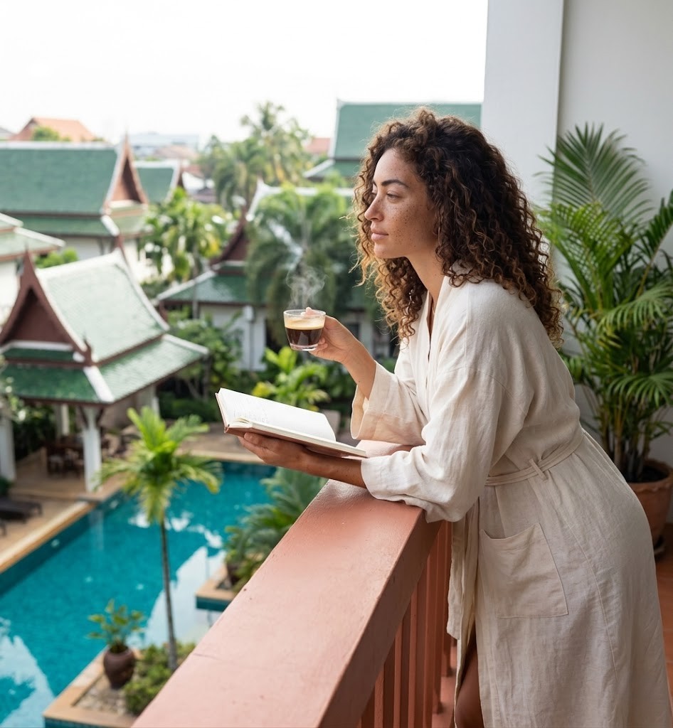 Woman with coffee and a journal on a Chiang Mai condo balcony overlooking a pool and green rooftops
