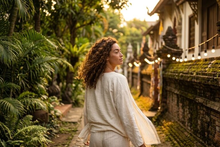 Woman in linen walking an Old City Chiang Mai lane at golden hour, slow travel in Thailand