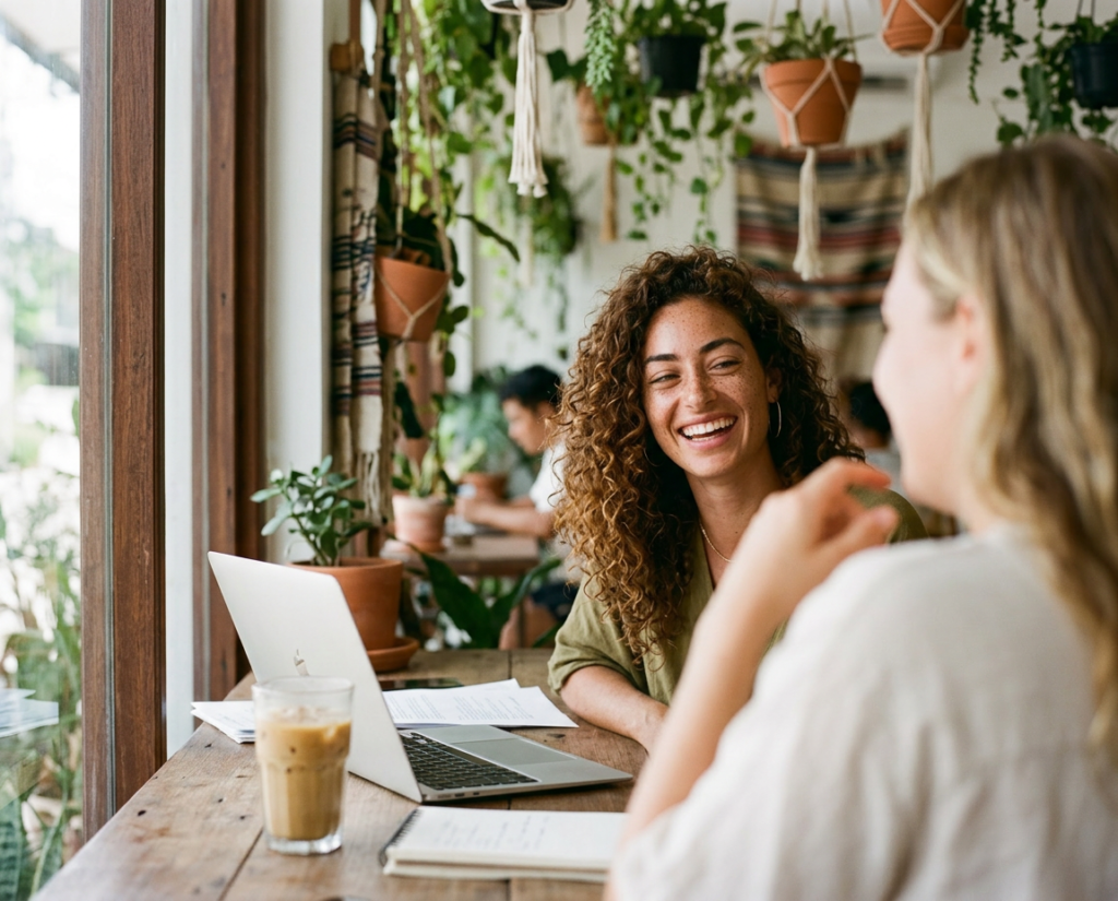 Woman working from a plant-filled Chiang Mai coworking cafe by a window with iced coffee